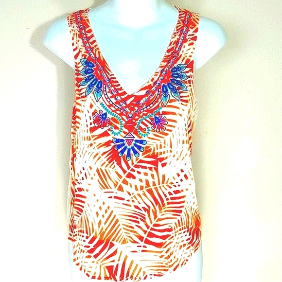 Bliss Couture Tank top Palm Leaf print embroidery white orange pink blue Bright - Picture 2 of 8